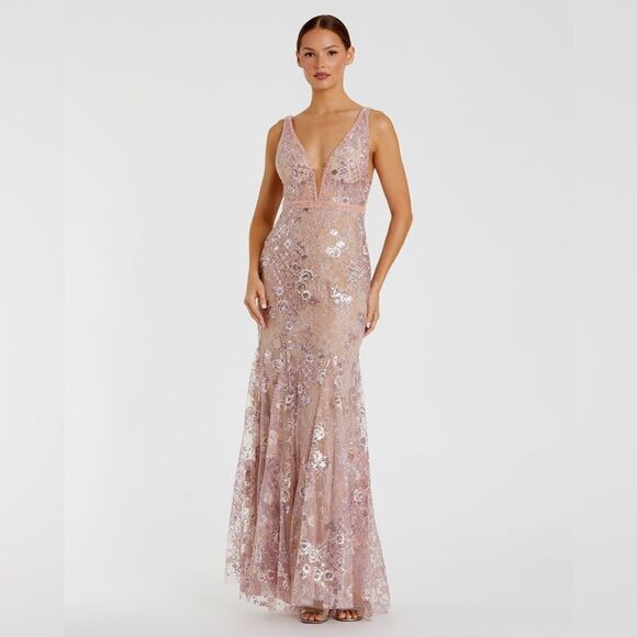 Mac Duggal 67481 Womens Floral Embellished Sleeveless Plunge Neck Gown Dress - Picture 2 of 15